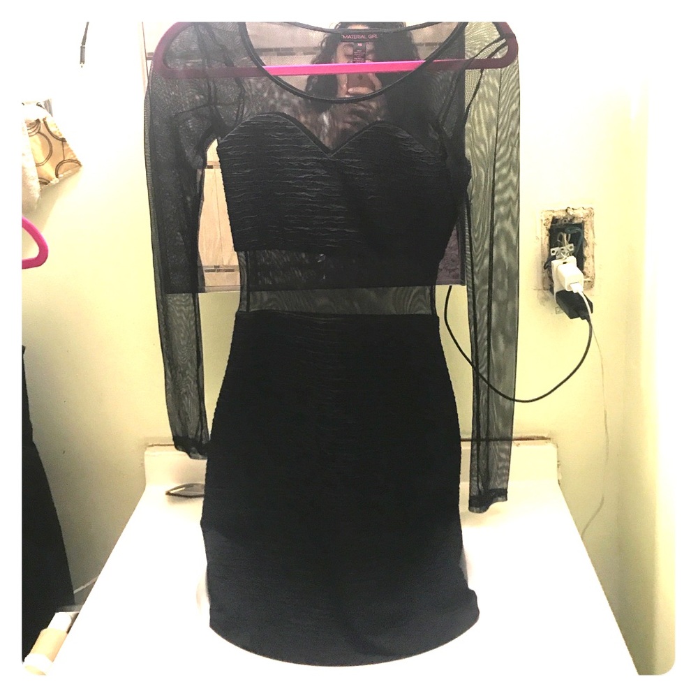 Sexy semi mesh black textured long sleeve  dress