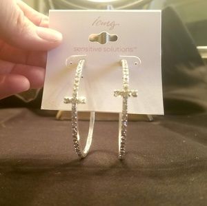 Silver and crystal large cross hoop earrings