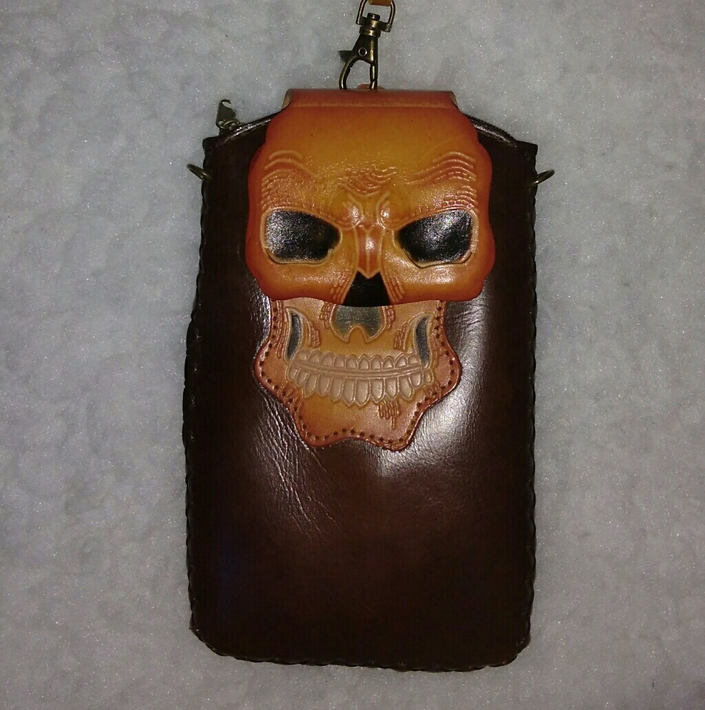 Hand tooled brown leather skull wristlet