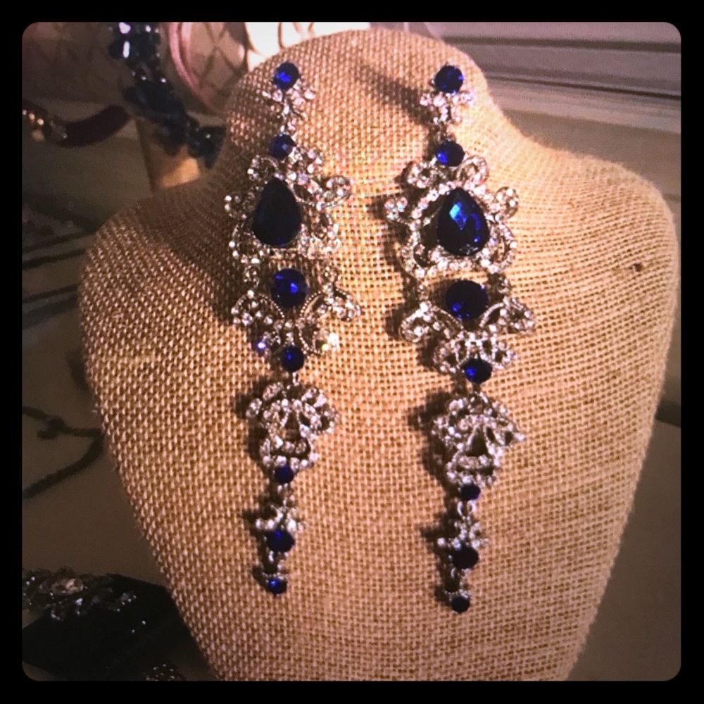Long Pageant Earrings blue and crystal