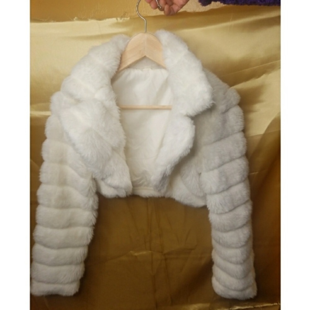 White crop top faux fur jacket/coat