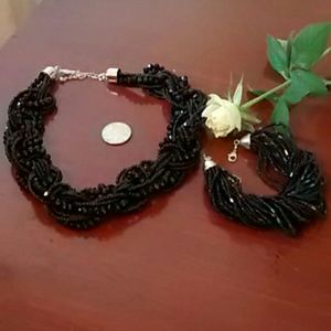 Jet Black Beaded Necklace and bracelet set