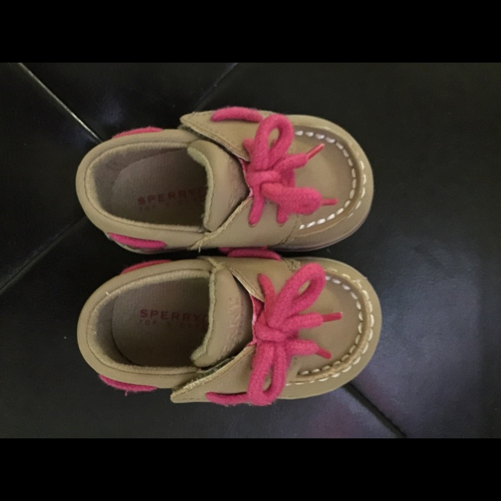 Tan and Pink Sperry infant shoes!