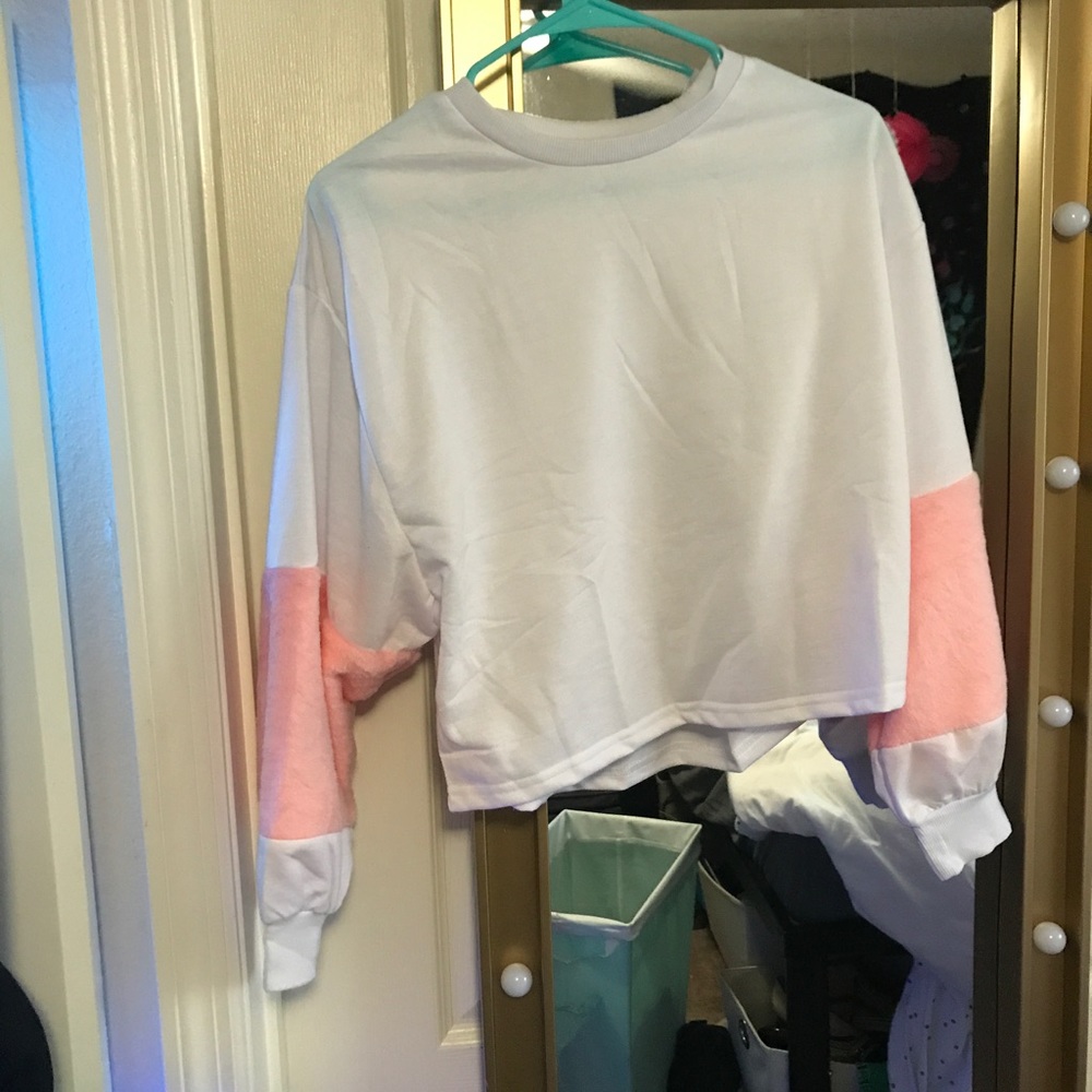 forever 21 white & pink long sleeve crewneck crop