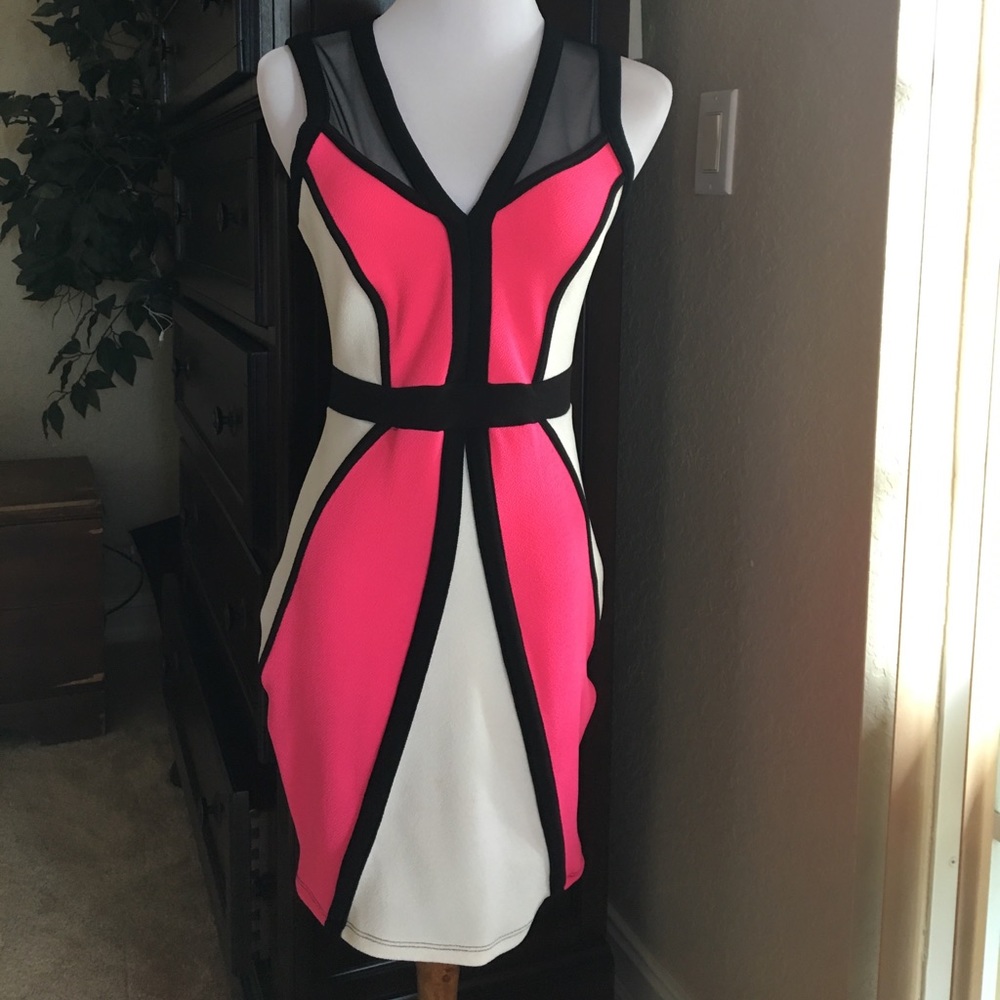 Hot pink color block bodycon cocktail dress