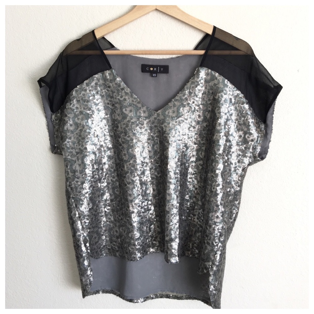 Cory V neck Silver Black Sequin Sheer Panel Top