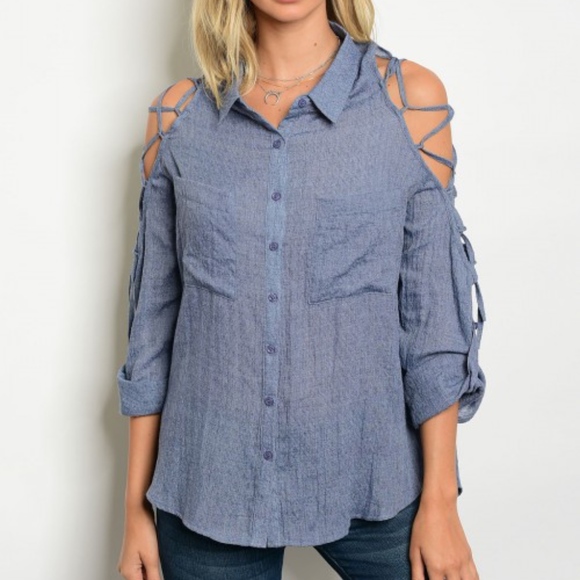 EDEN Lace Up Cold Shoulder Top - BLUE - Picture 2 of 3