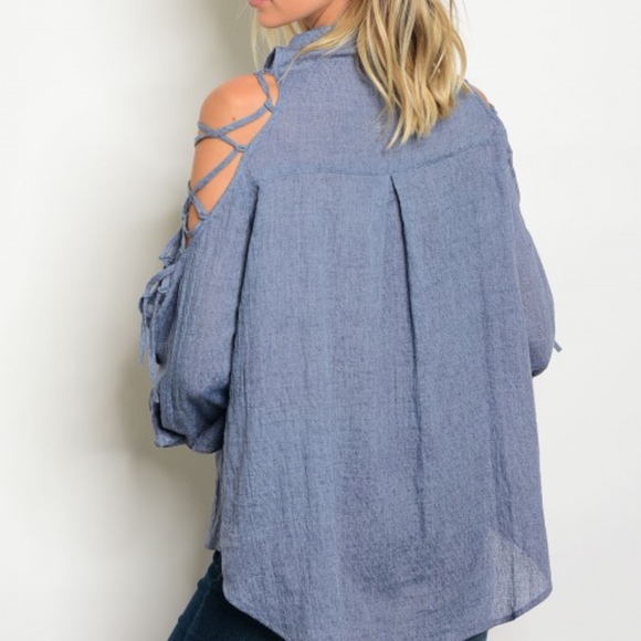 EDEN Lace Up Cold Shoulder Top - BLUE - Picture 3 of 3
