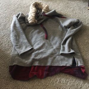 Maurices size large fur hoodie with plaid bottom Maurices size large fur hoodie with plaid bottom