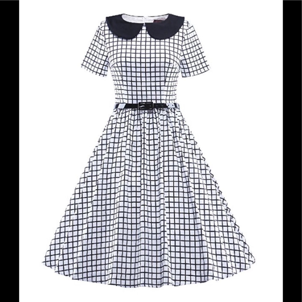 Retro Short Sleeve Plaid Print Swing Dress