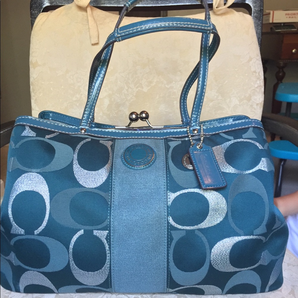 **SOLD** Coach teal and silver 3 compartment bag