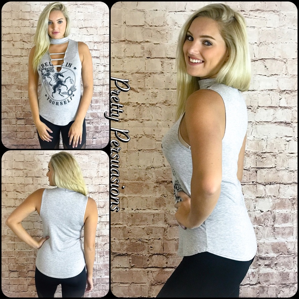 NWT Gray Graphic Print Unicorn Deep V Choker Top🦄 - Picture 2 of 5