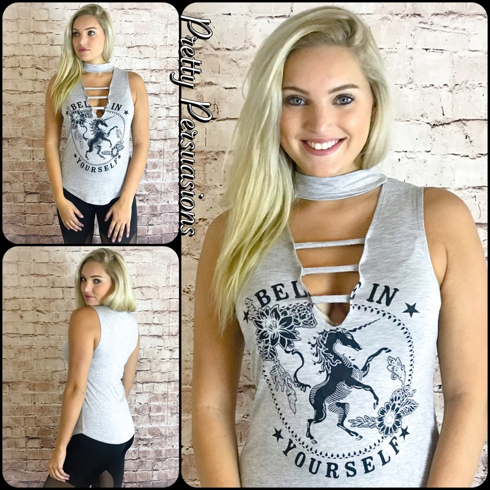 NWT Gray Graphic Print Unicorn Deep V Choker Top🦄 - Picture 4 of 5