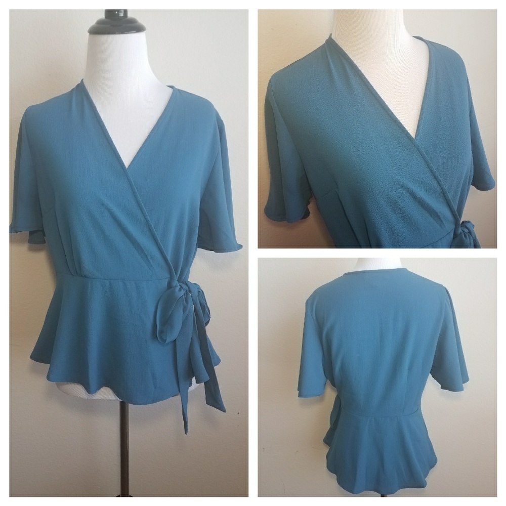 Teal Short Sleeve Wrap Waist Blouse