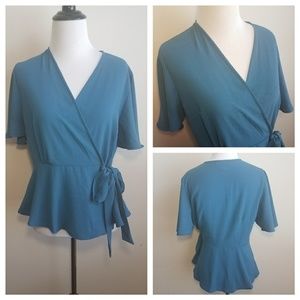 Teal Short Sleeve Wrap Waist Blouse