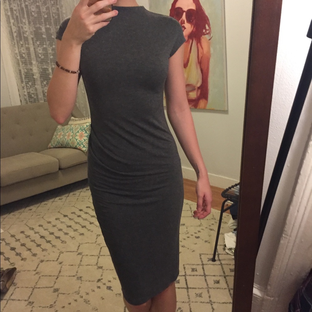 Midi high neck cap sleeve grey dress