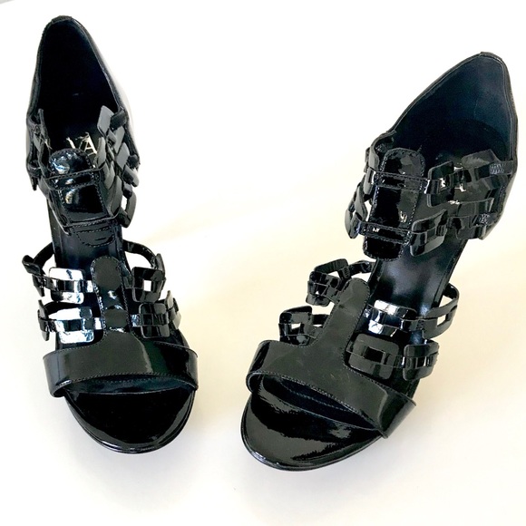 Black Strappy Patent Velvet Angel Stilettos - Picture 1 of 3