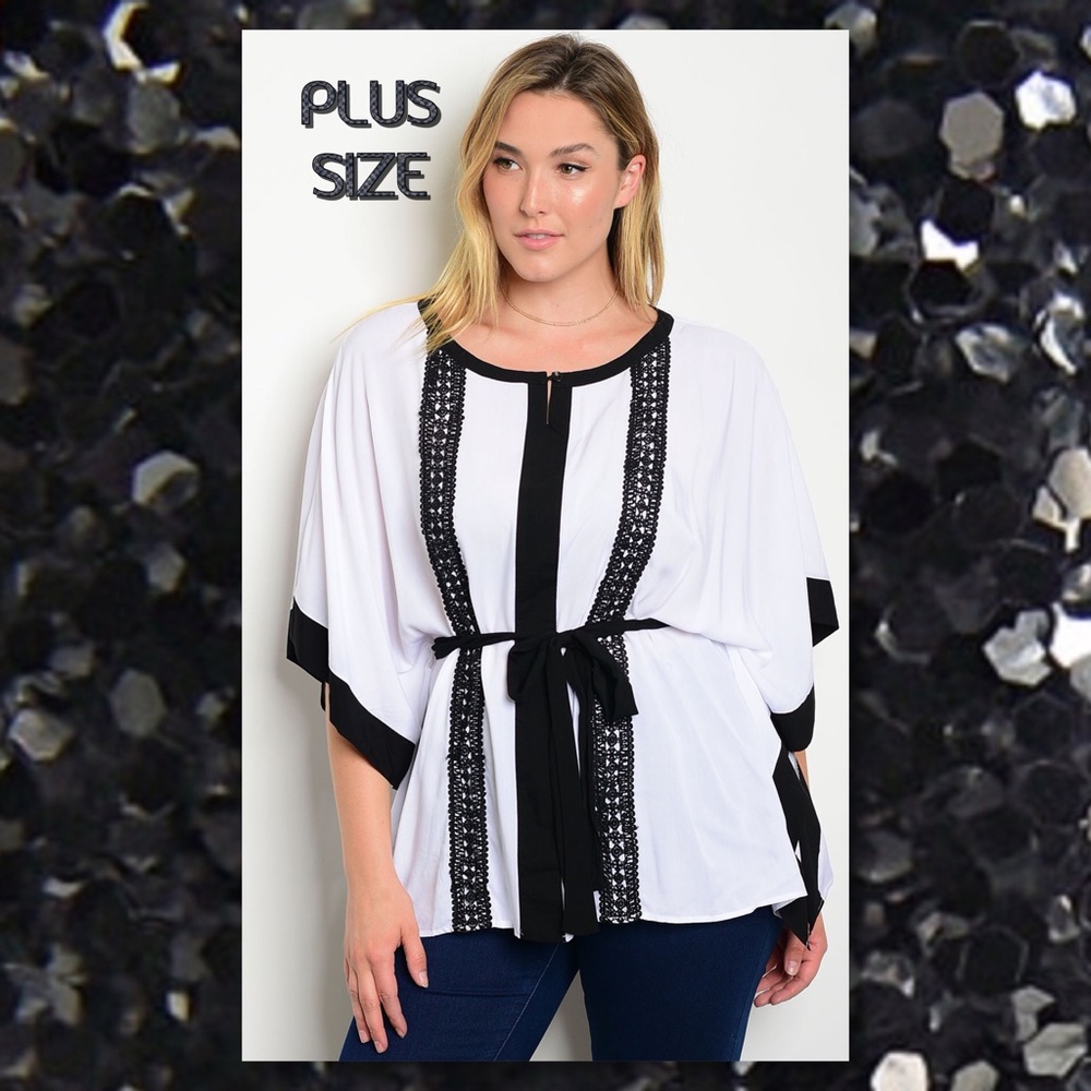 🎉HP🆕➕Plus Size Tie Waist Black Trim Tunic Top - Picture 1 of 3