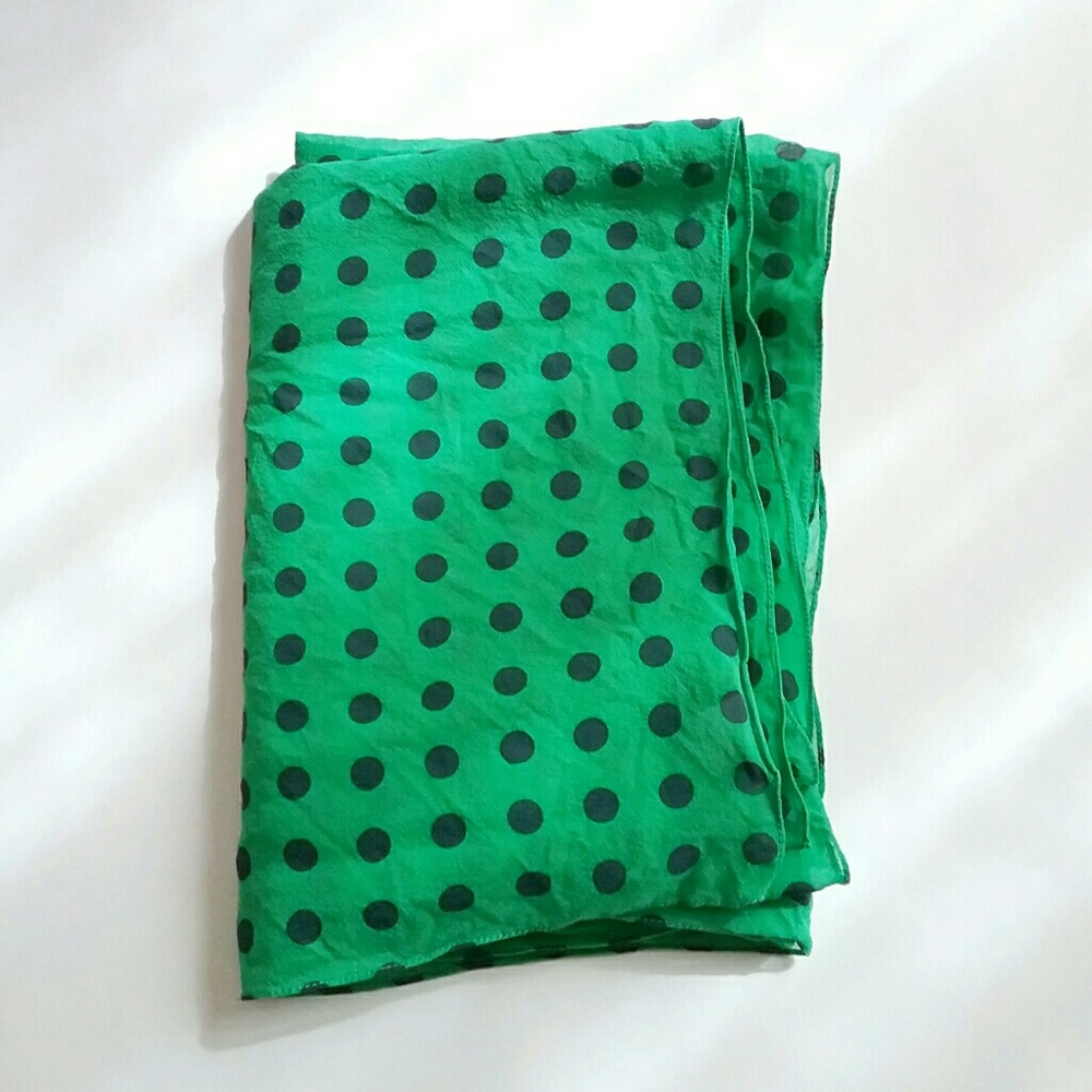 Vintage Silk Green Navy Blue Polka Dot Crepe Scarf