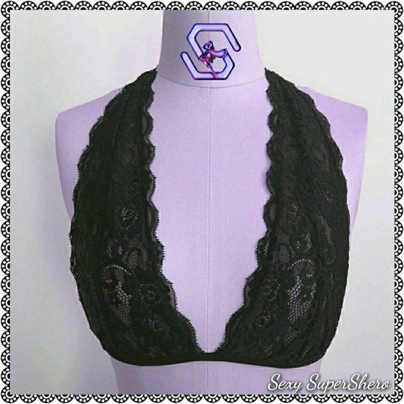 🆕 Lace Halter Bralette Crop Top- Black - Picture 2 of 6