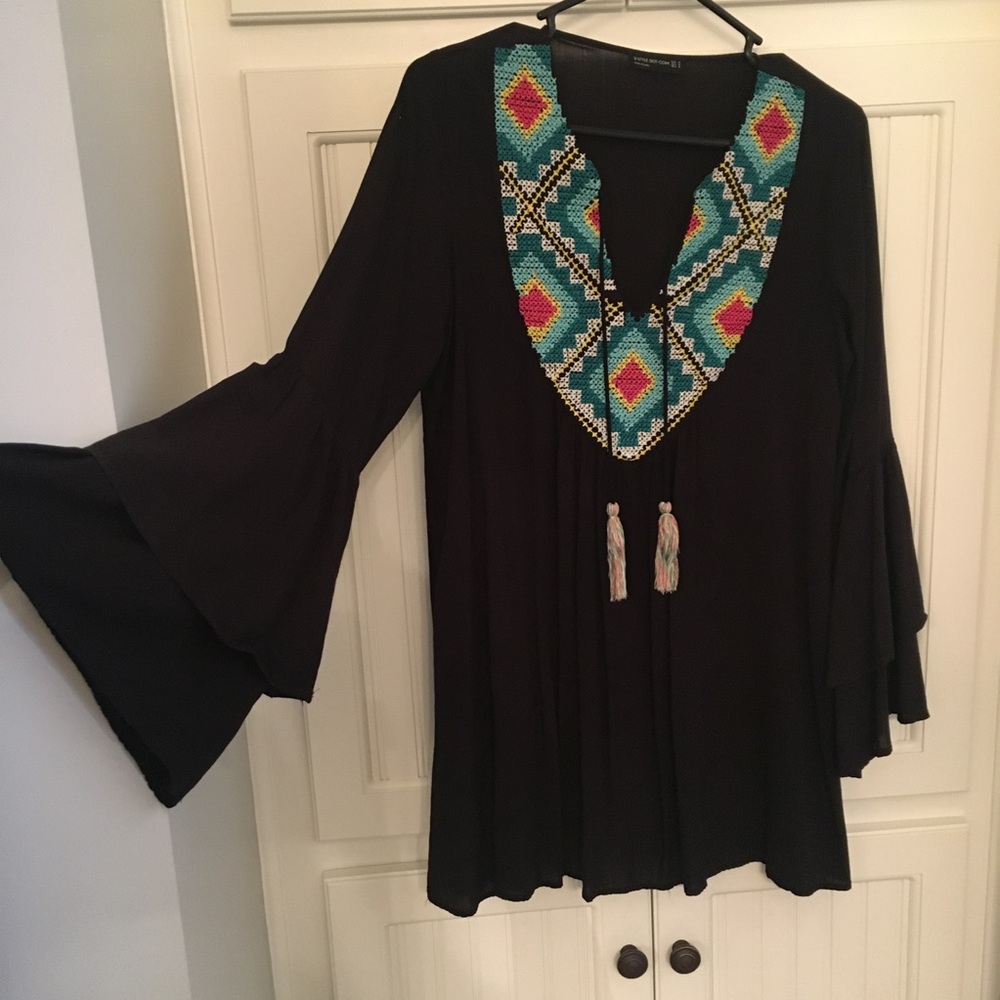 Black Tunic with bright Aztec crochet detail