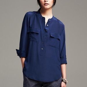 Navy blue, collarless silk shirt