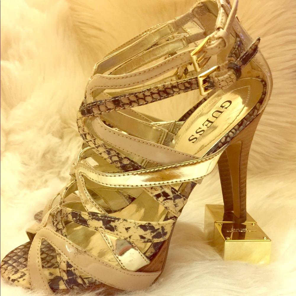 Guess Gladiator Heels Snake Skin, Gold & Taupe