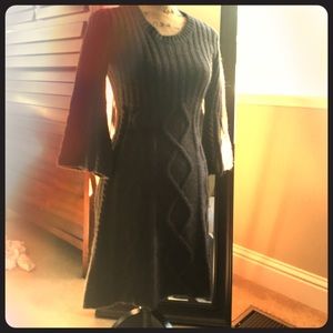Brown Knit Sweater Dress,¾ length bell sleeve.