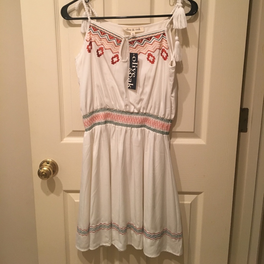 White embroidered dress NWT XS- rope tassel straps