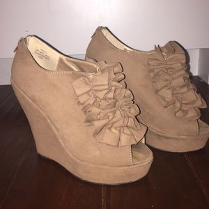Brown suede wedge booties , open toe