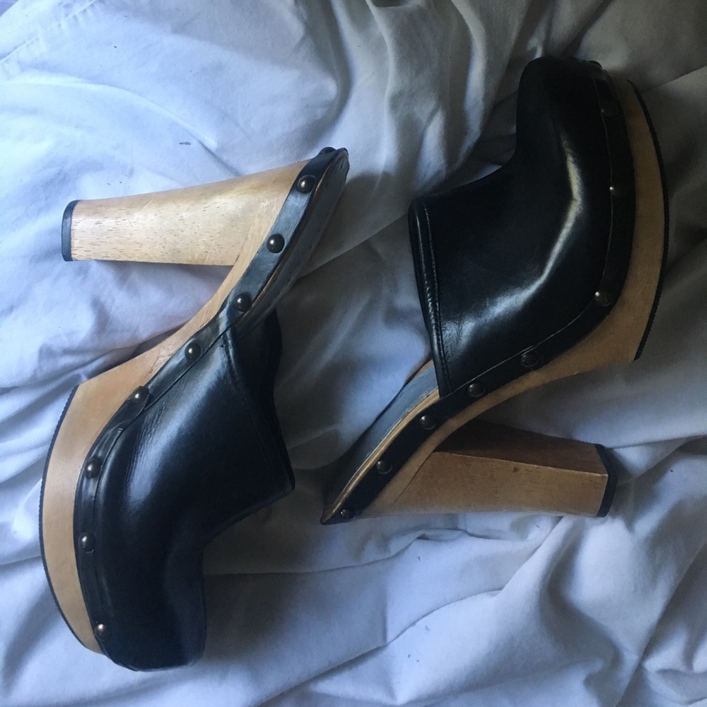 BCBGirls wooden leather mules clogs