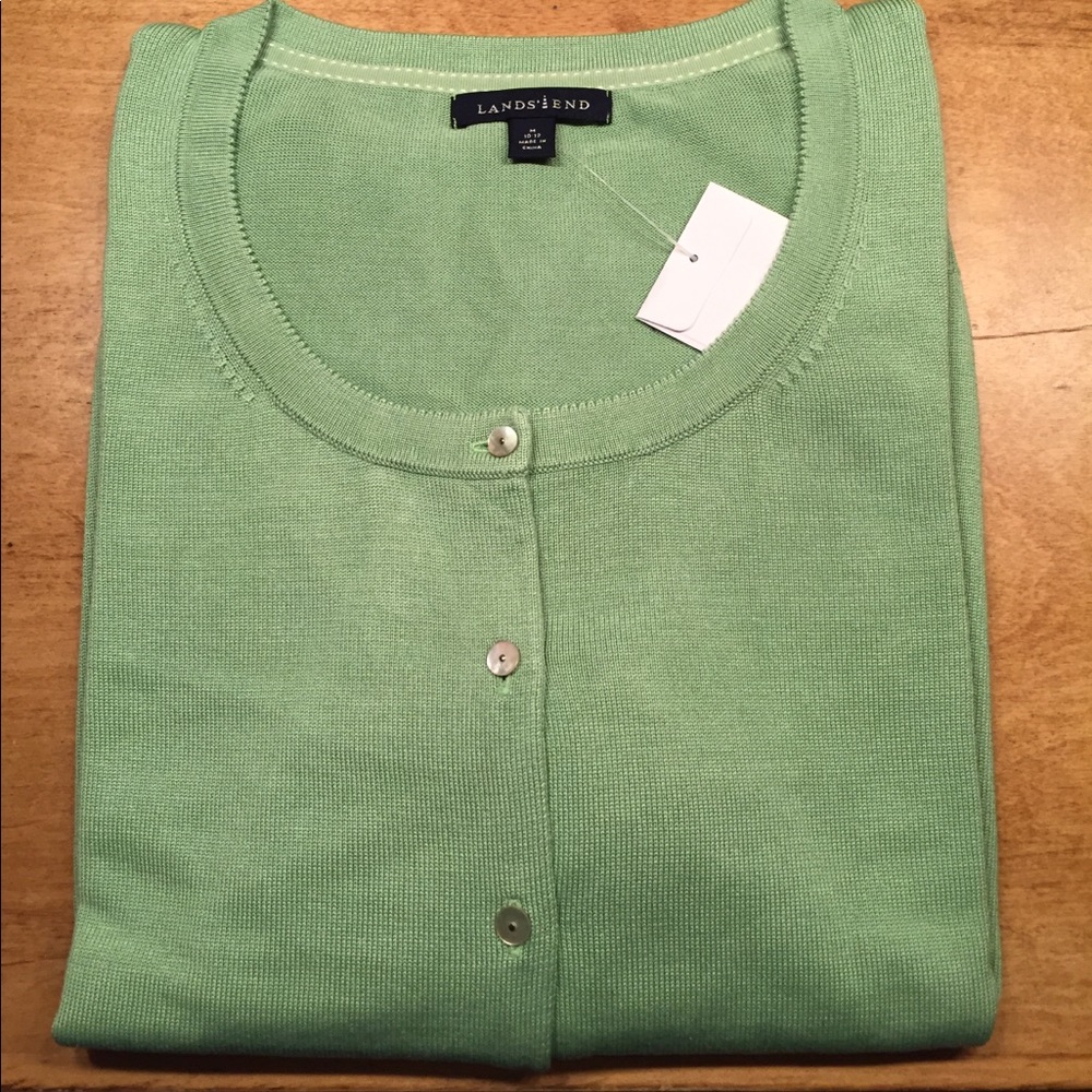 Land’s End light green cardigan.