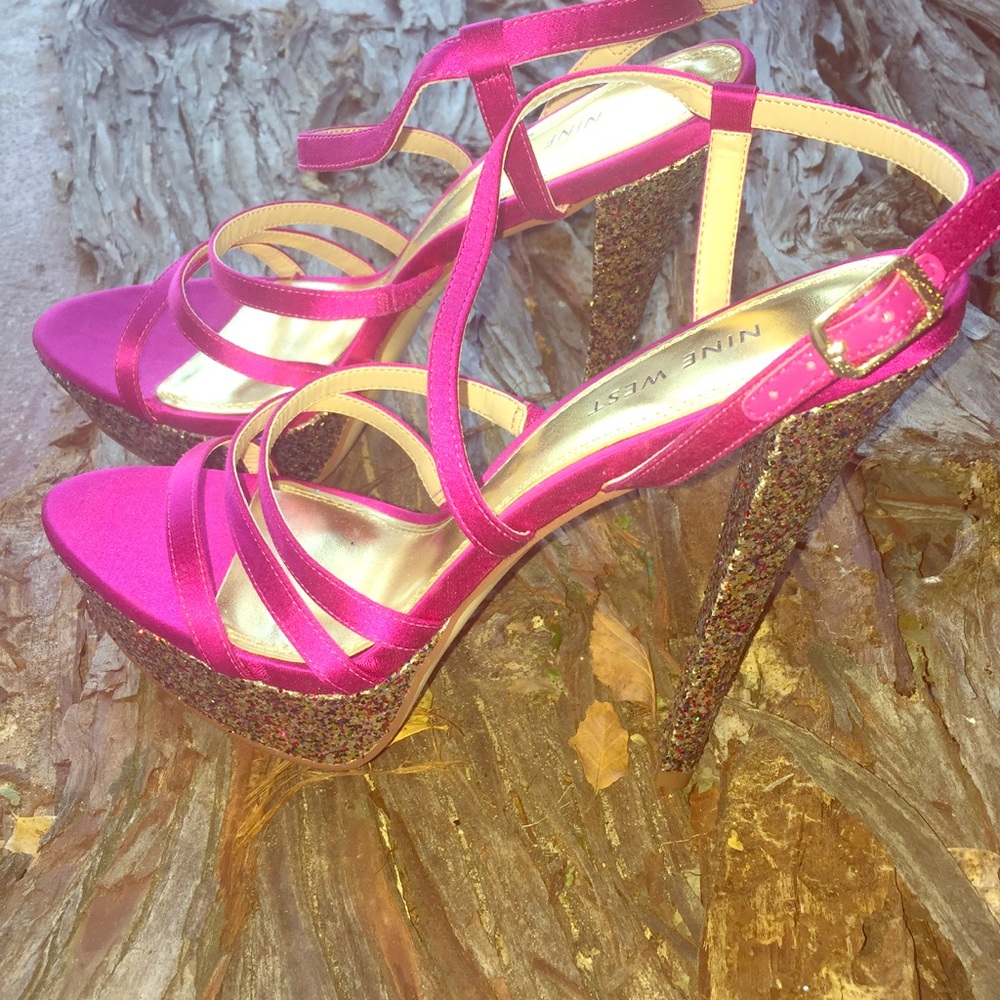 Nine West Pink Satin Strappy w/Glitter Heel 7.5