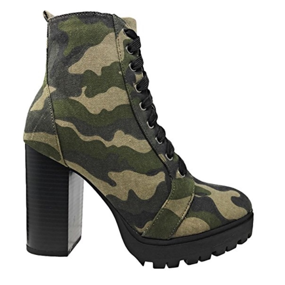 Military Camo Lug Sole High Heel Combat Boots - Picture 6 of 7