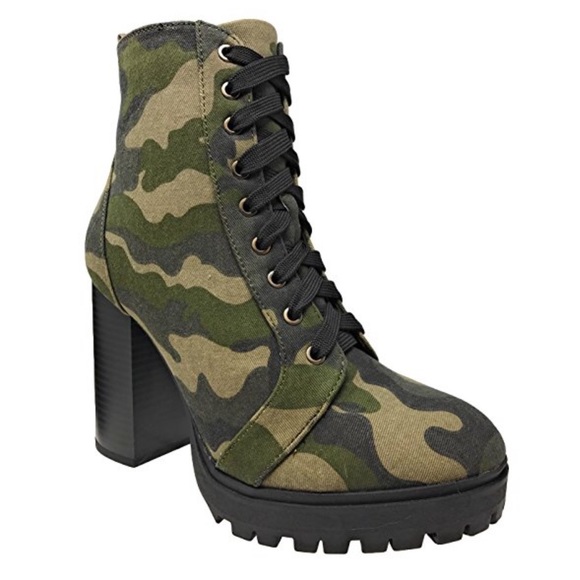 Military Camo Lug Sole High Heel Combat Boots - Picture 5 of 7