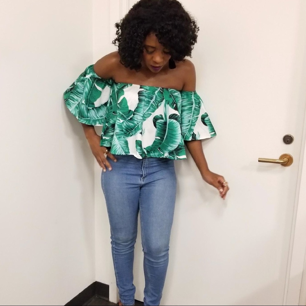 Palm tree print off the shoulder top
