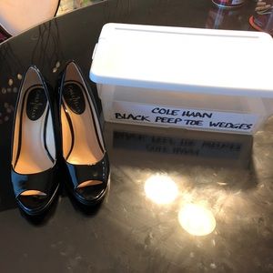 Black Cole Haan Peep Toe Wedges