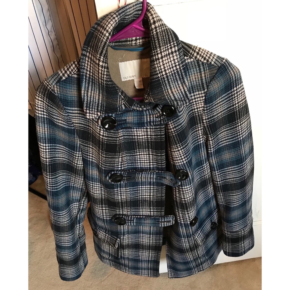 Navy Blue Plaid Wool Pea Coat