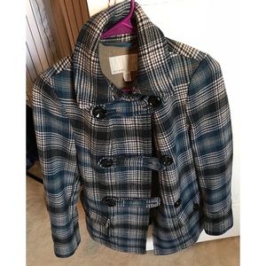 Navy Blue Plaid Wool Pea Coat