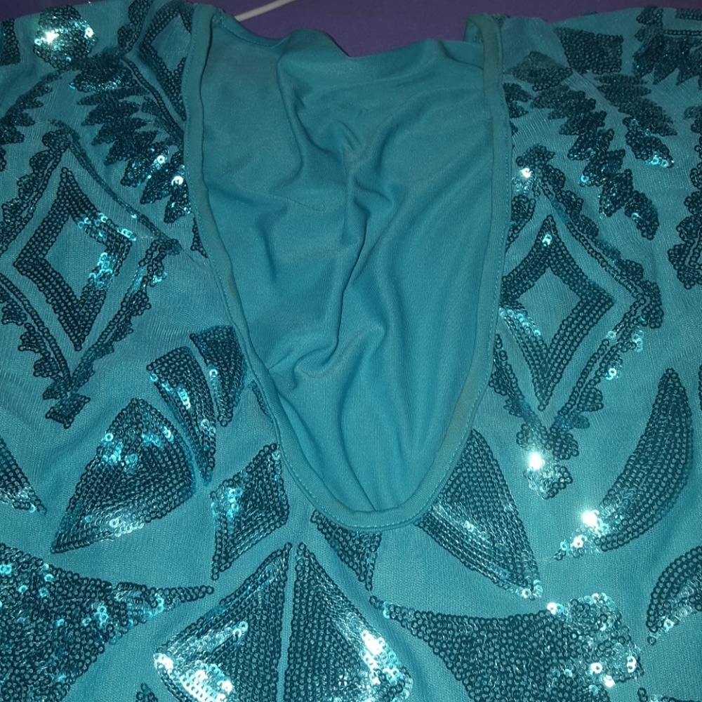 Turquoise sequence dress with open flare sleeves