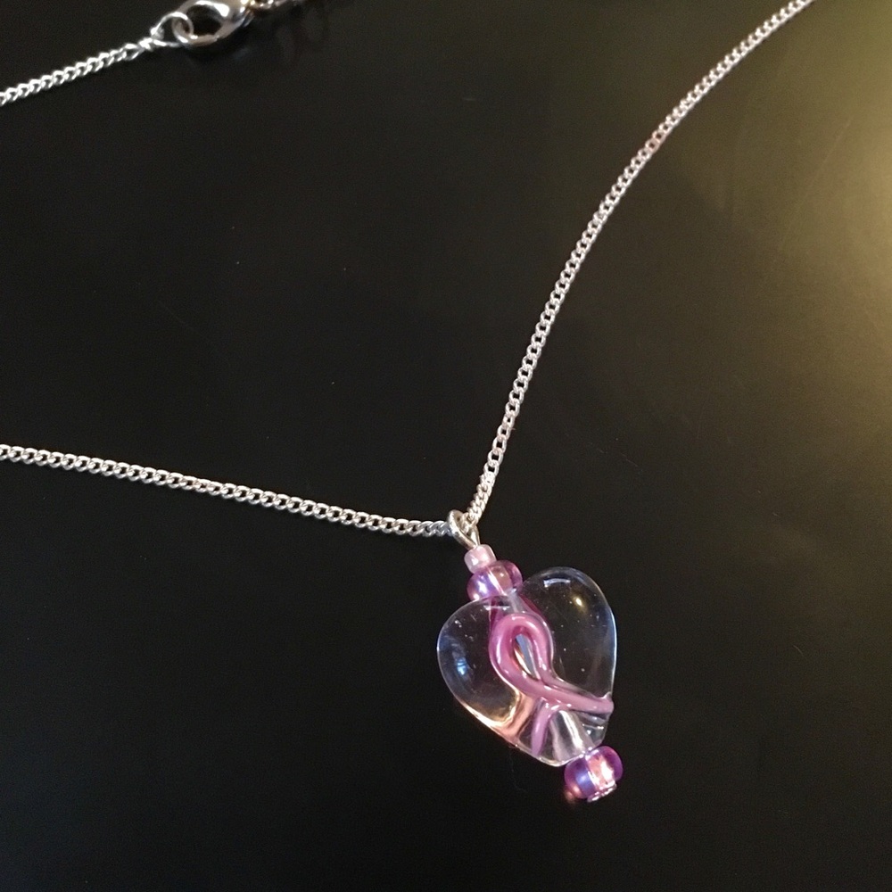 NEW Breast Cancer Necklace Pink Beads-Silver Chain