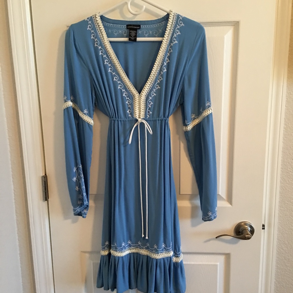 Blue and cream embroidered dress