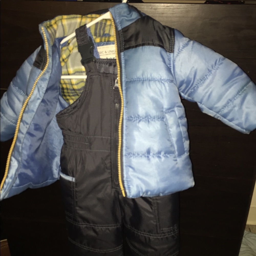 12months blue and black snow suit.