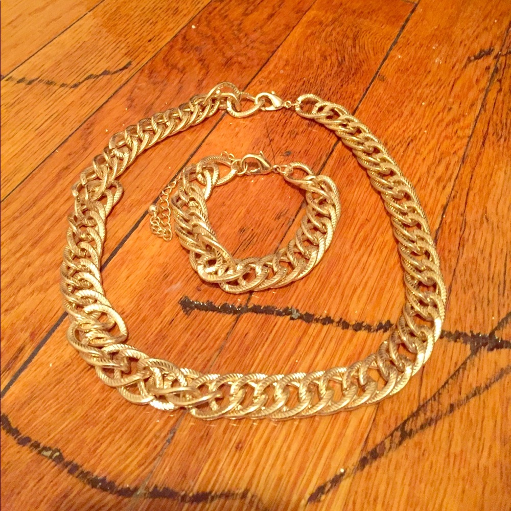 18K gold plated Cuban link chain necklace & bracelet set