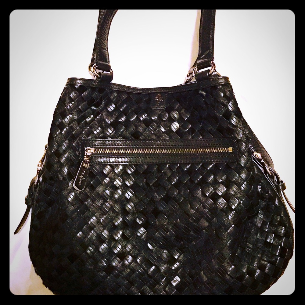 Cole Haan weave leader shoulder bucket bag black
