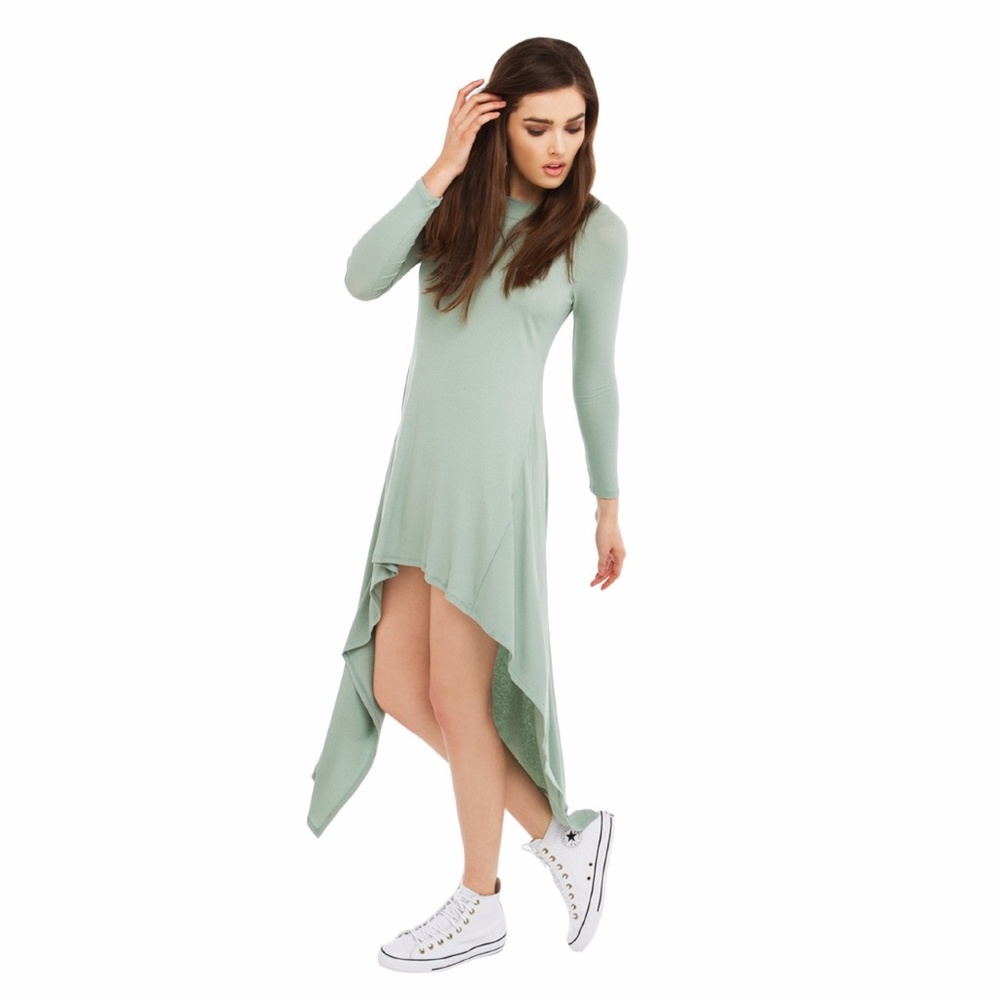 Akira Chicago High-Low Green Ribbed Dress
