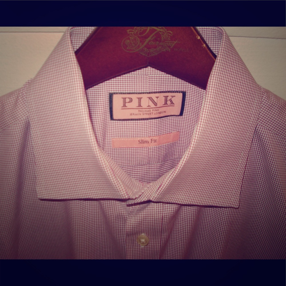 Thomas Pink Check Slim Fit Button Cuff 16 41cm