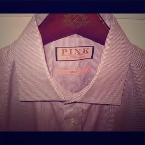 Thomas Pink Check Slim Fit Button Cuff 16 41cm
