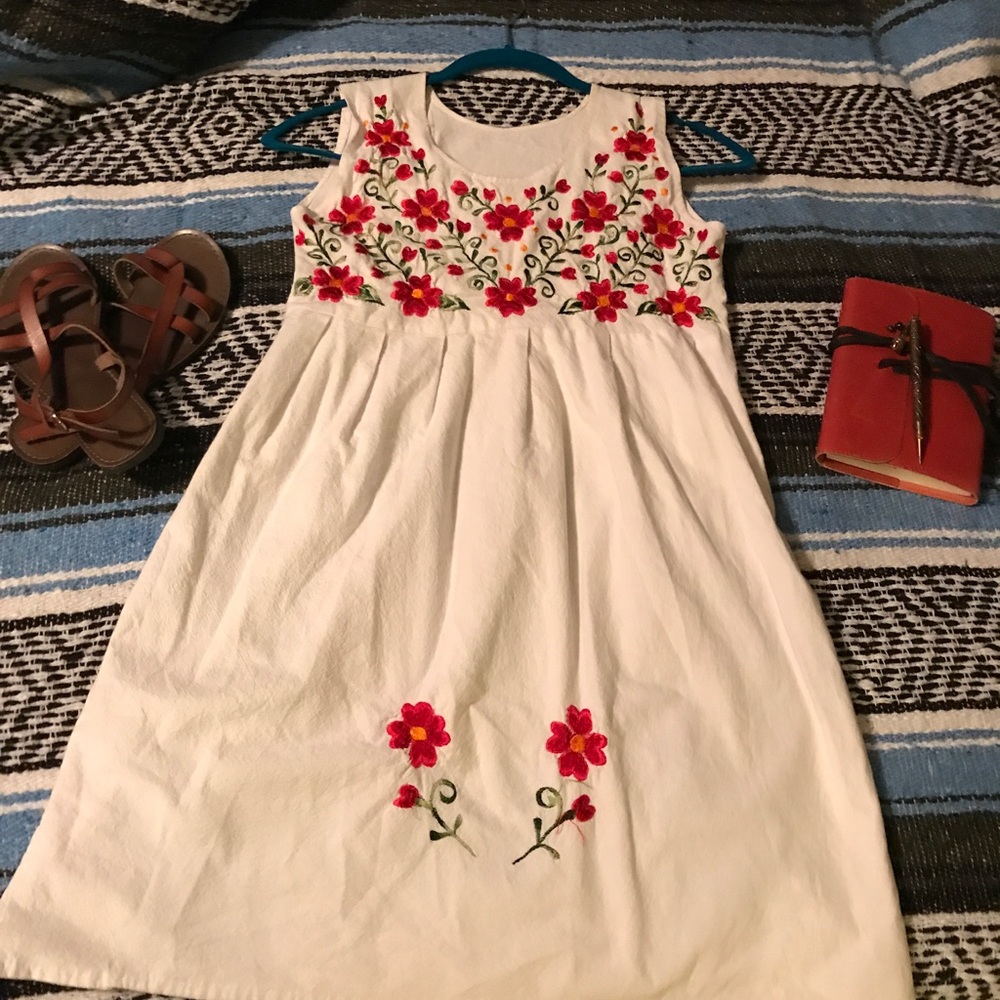 white mini dress with red embroidery flowers 🌺