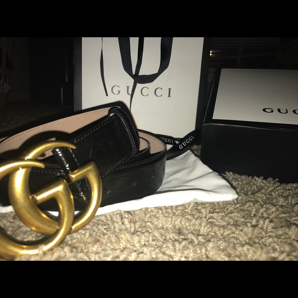 Black Gucci Crocodile Gold Double GG Belt